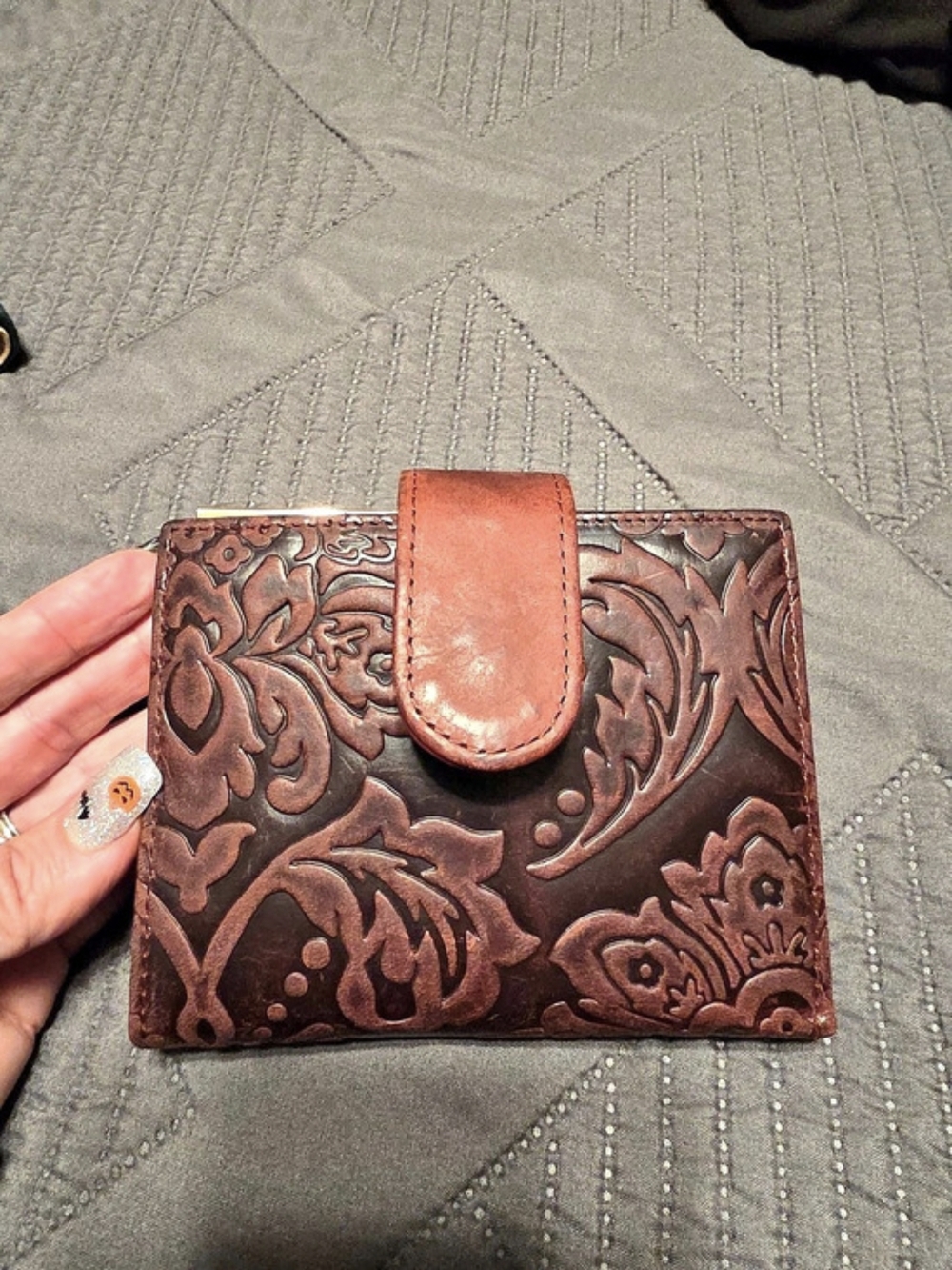 Embossed Leather-Look Wallet in Redish Brown